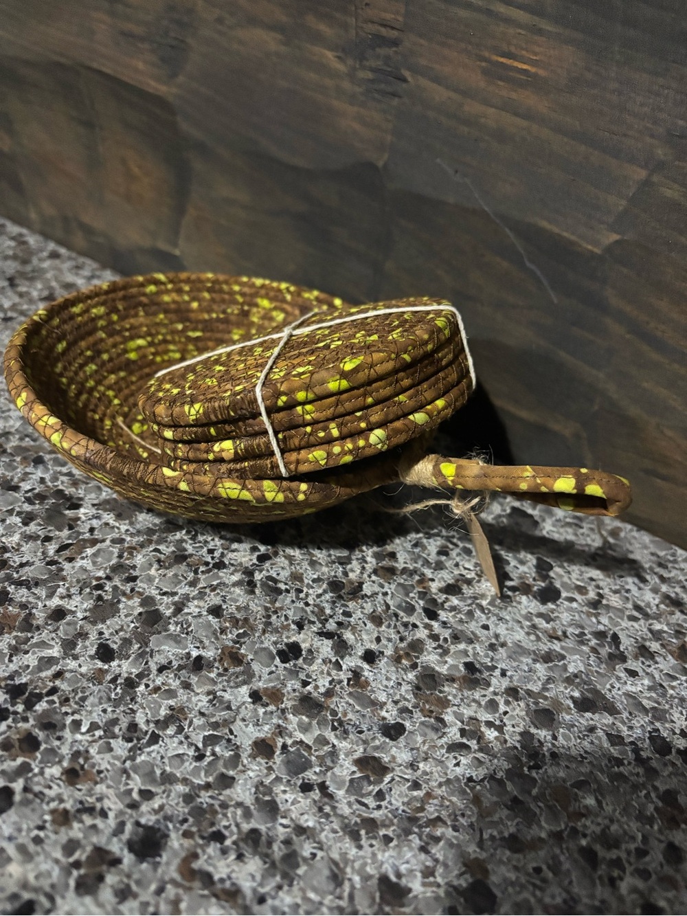 Brown and Yellow Coiled coasters and holder.